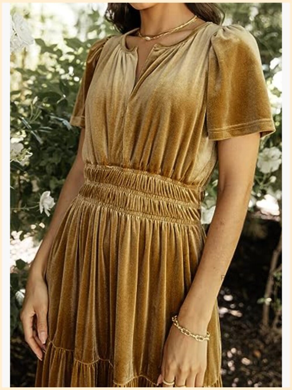 Velvet Short Sleeve V Neck Elastic Waist Tiered Ruffle A-Line Flowy Maxi Dress - Picture 5 of 7
